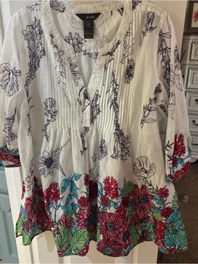 Ali Miles White Floral Pintuck Peasant Boho Tunic Top SZ M
